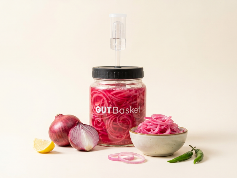 Fermented Lachcha Onion - homemade lacto-fermented vegetables in a jar.