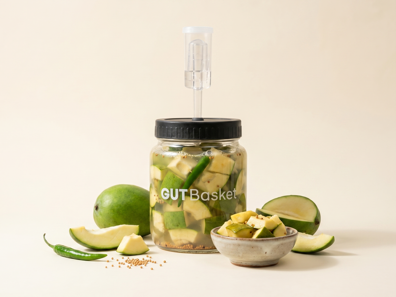 Fermented Raw Mangoes - homemade lacto-fermented vegetables in a jar.