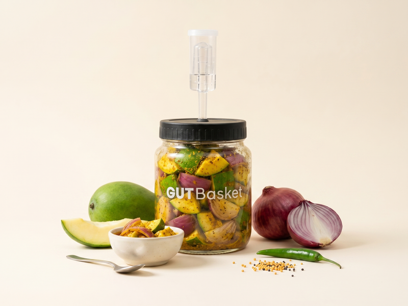 No Oil Raw Mango Onion Achaar - a no-oil probiotic fermented Indian pickle in a jar.