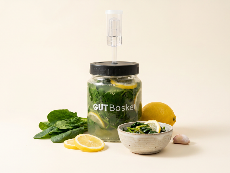 Spinach-Lemon Ferment - homemade lacto-fermented vegetables in a jar.