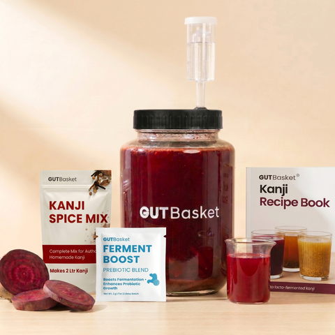 Gutbasket Kanji Making Kit — glass fermentation jar with kanji spice mix and recipe book