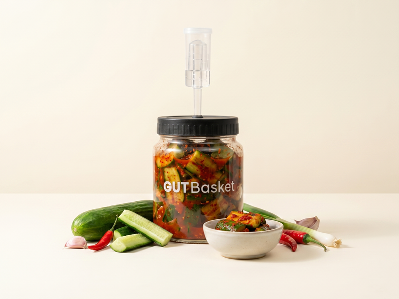 Cucumber Kimchi (Oi Kimchi) - Korean-style lacto-fermented vegetables in a jar.