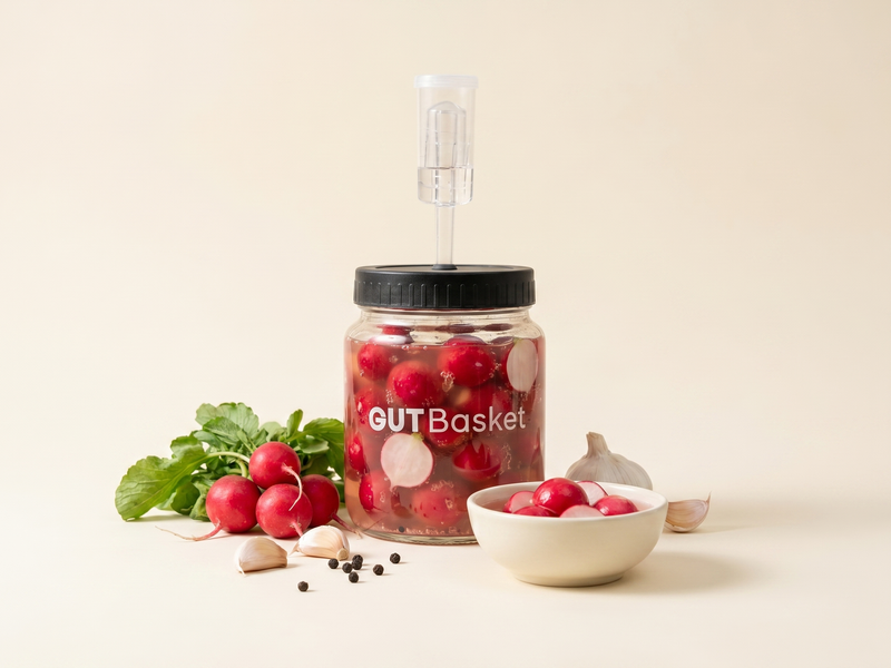 Fermented Radish - homemade lacto-fermented vegetables in a jar.