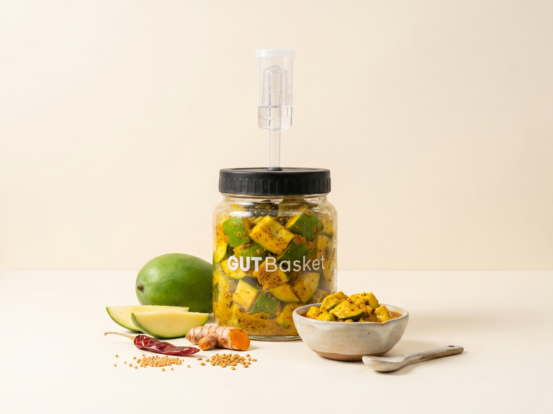 Raw Mango Probiotic Achaar - a no-oil probiotic fermented Indian pickle in a jar.