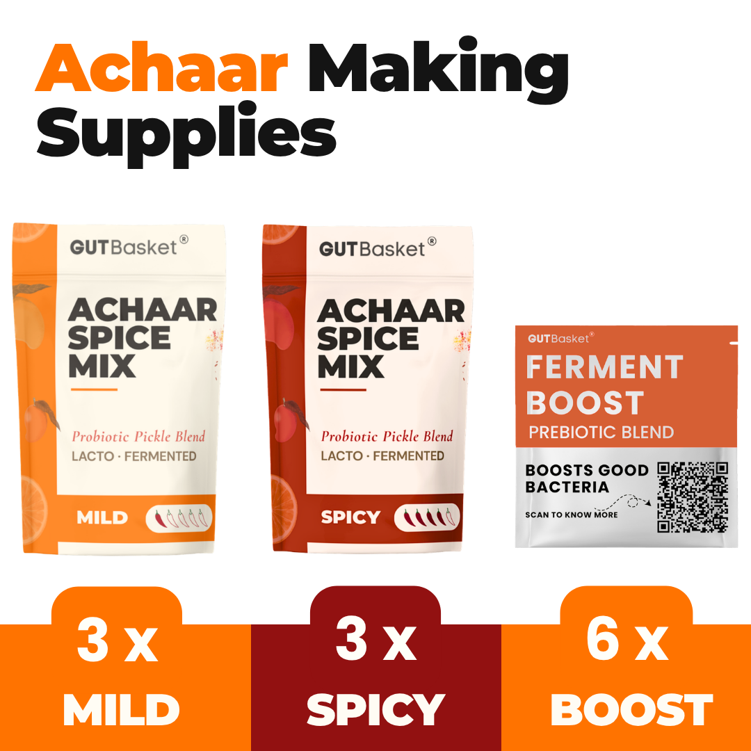 Gutbasket Probiotic Achaar Supplies — mild and spicy spice mix sachets with Ferment Boost
