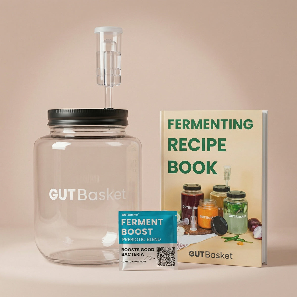 Gutbasket 1 litre wide-mouth glass fermentation jar with airlock and lids