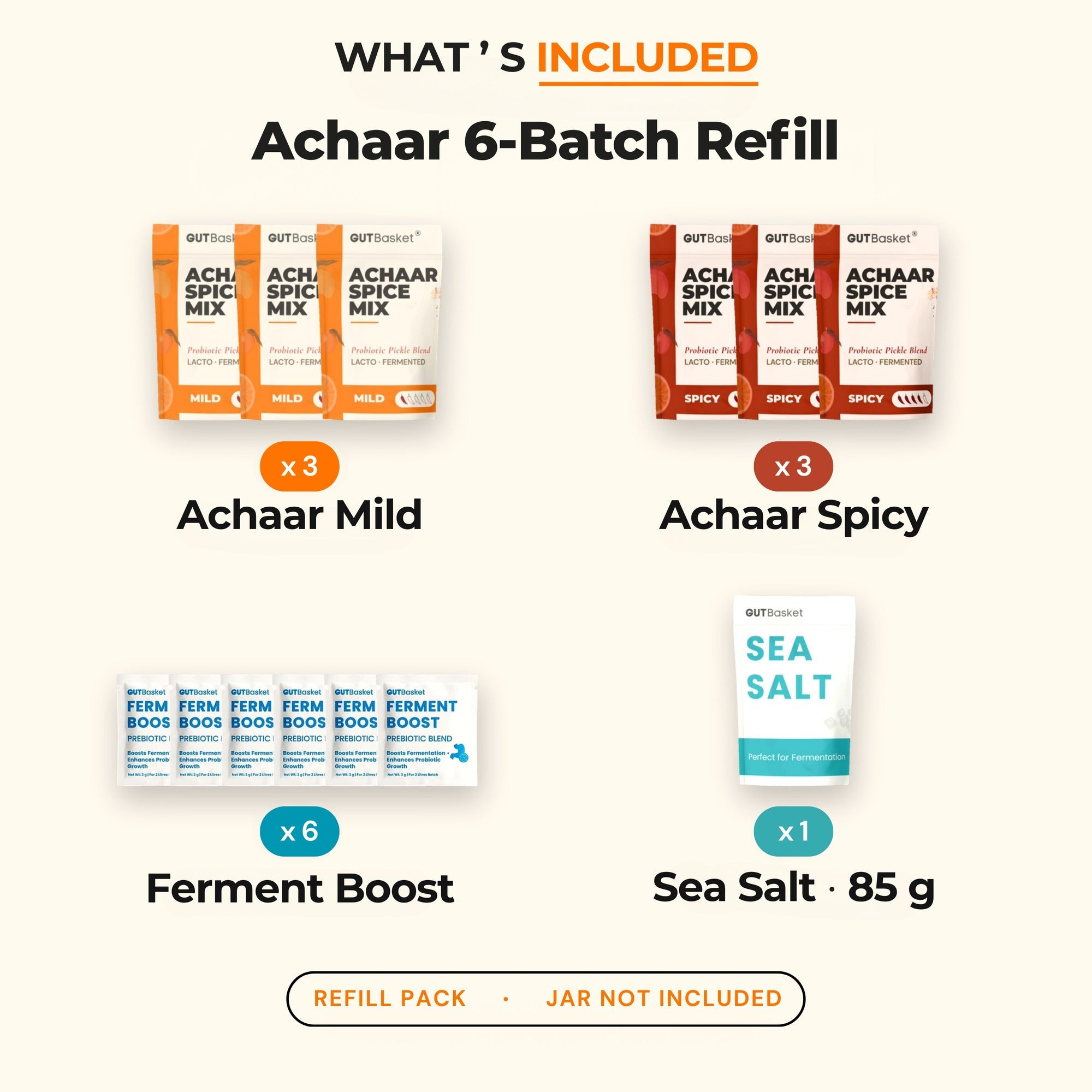 Contents included in GutBasket achaar 6 batch refill pack