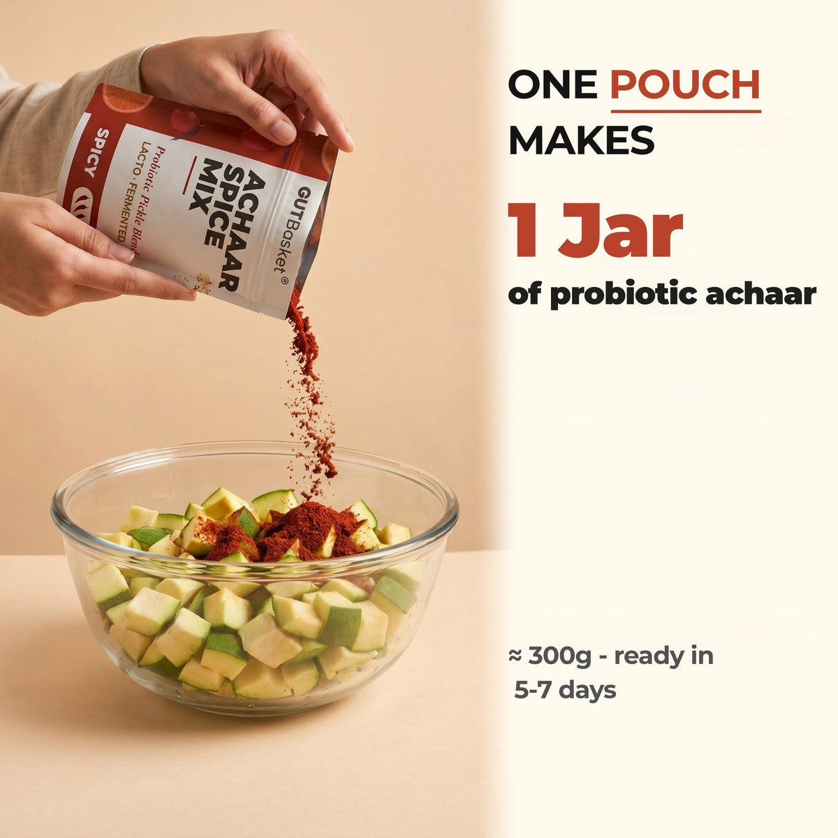 One pouch from GutBasket achaar 6 batch refill pack makes one jar of probiotic achaar