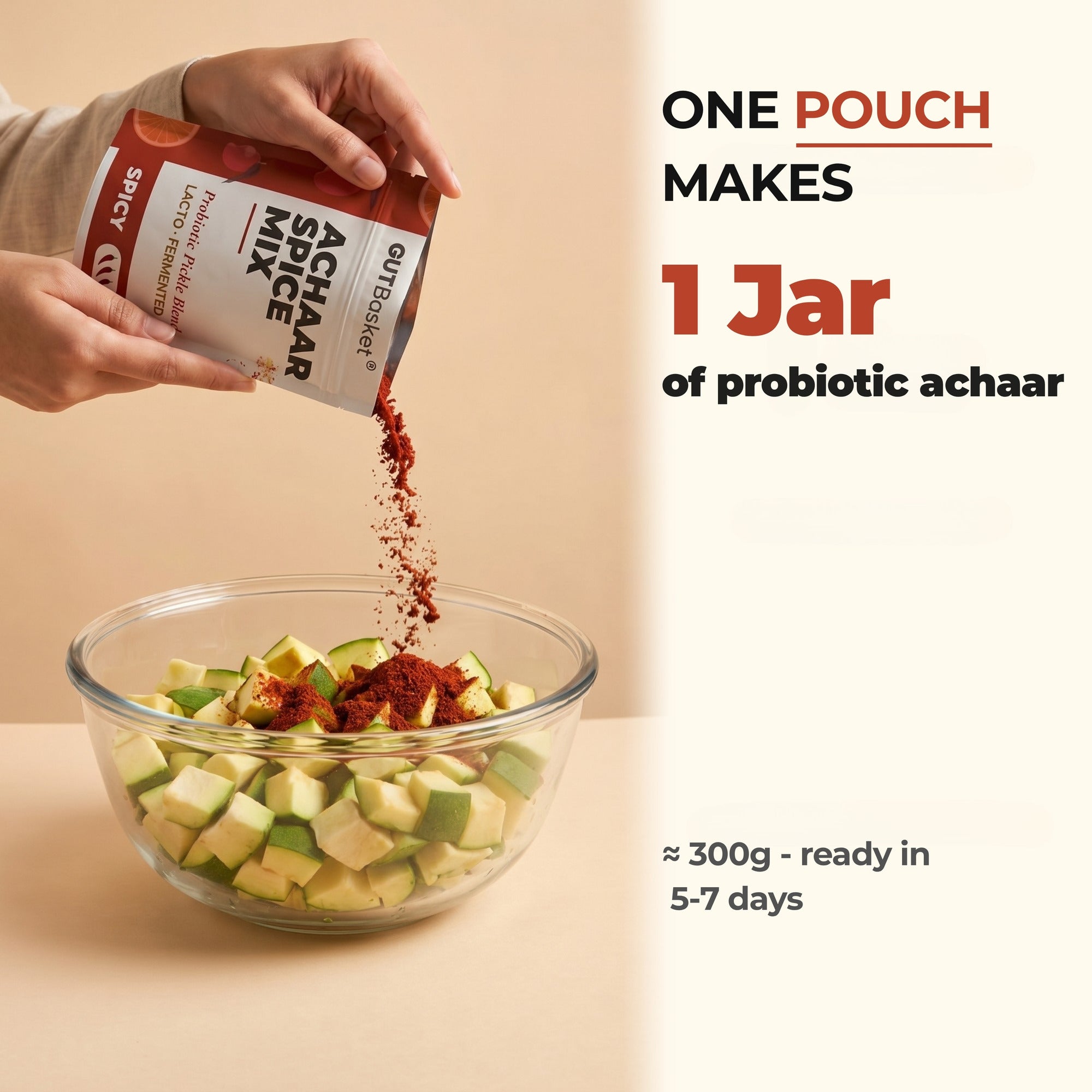 One pouch from GutBasket achaar 6 batch refill pack makes one jar of probiotic achaar