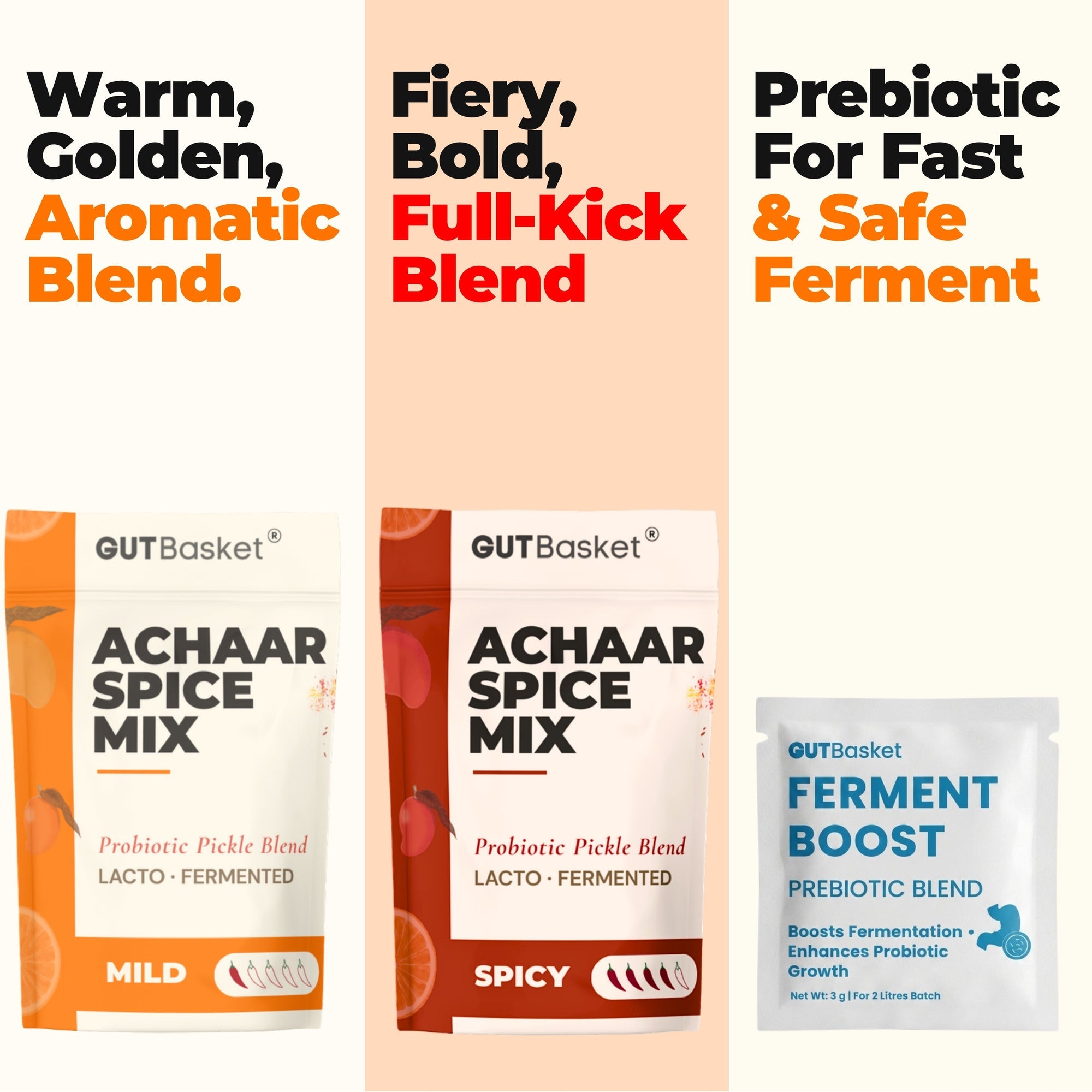 Spice mix and ferment boost pouches included with GutBasket achaar 6 batch refill pack