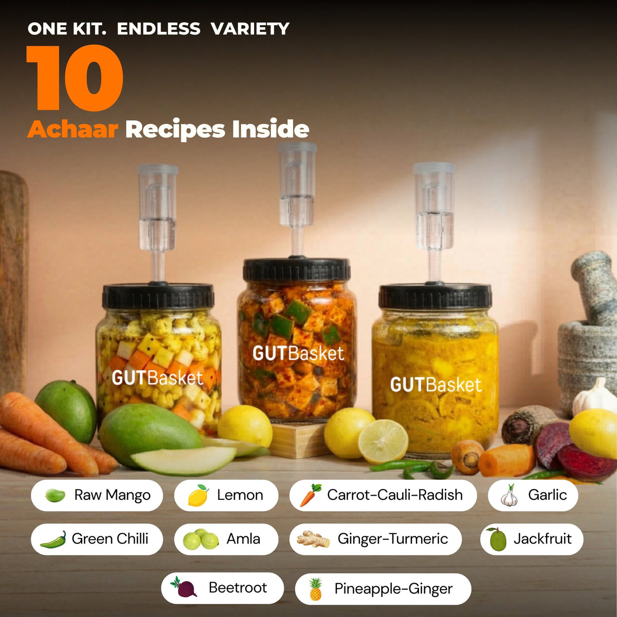 Recipe variety examples made with GutBasket fermented achaar making kit