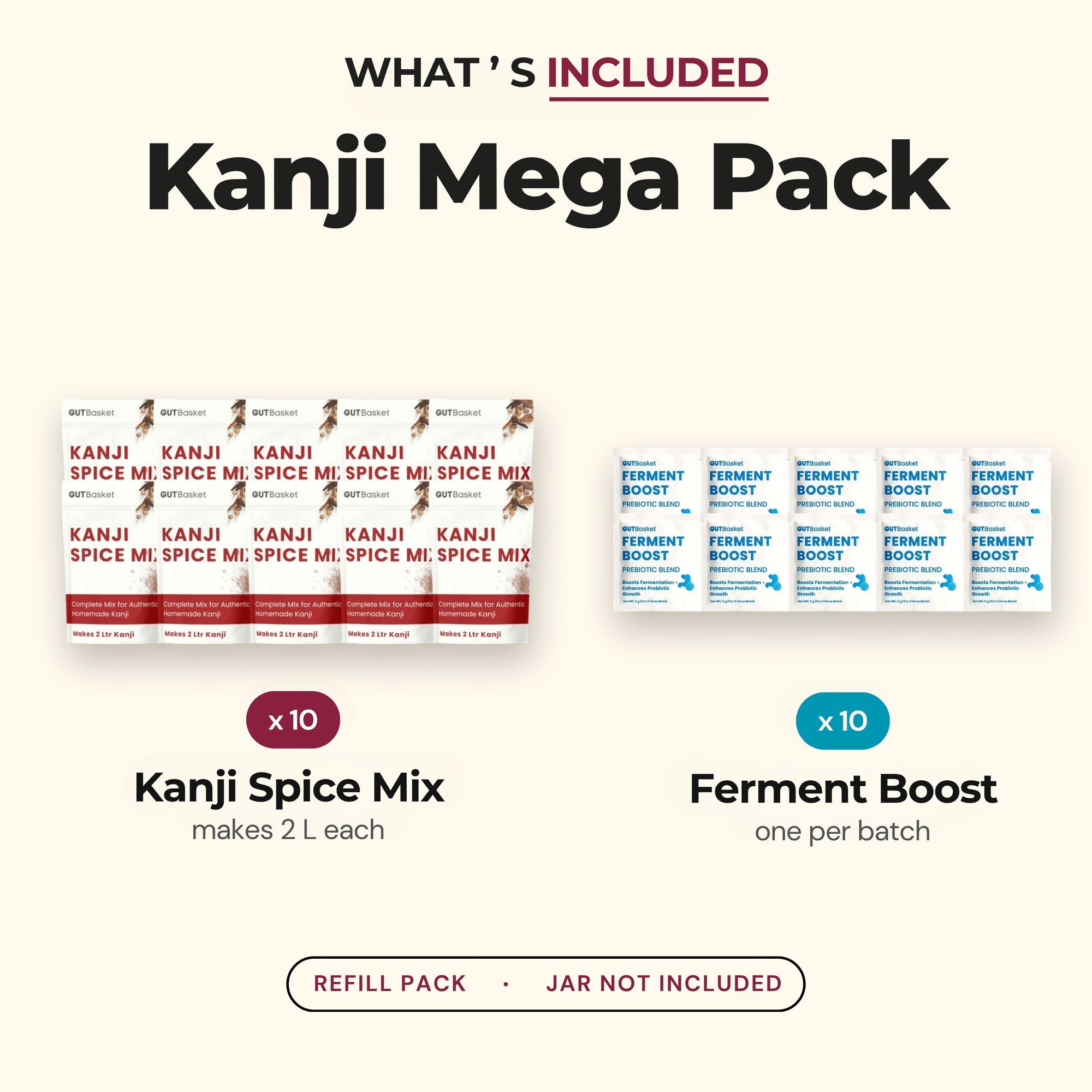 Contents included in GutBasket kanji mega pack with 10 kanji spice and 10 ferment boost pouches