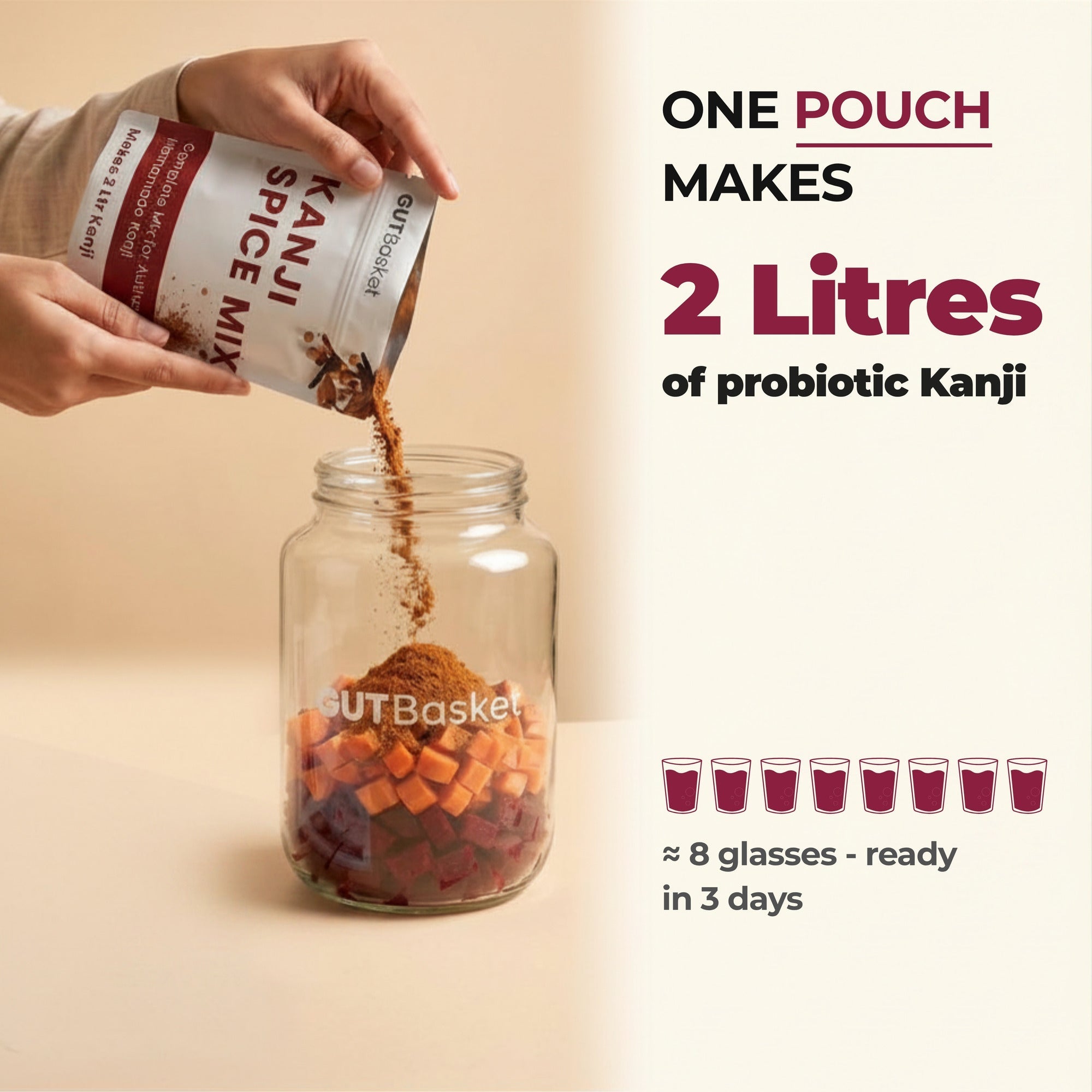 One pouch from GutBasket kanji mega pack with 10 kanji spice and 10 ferment boost pouches makes 2 litres of probiotic kanji