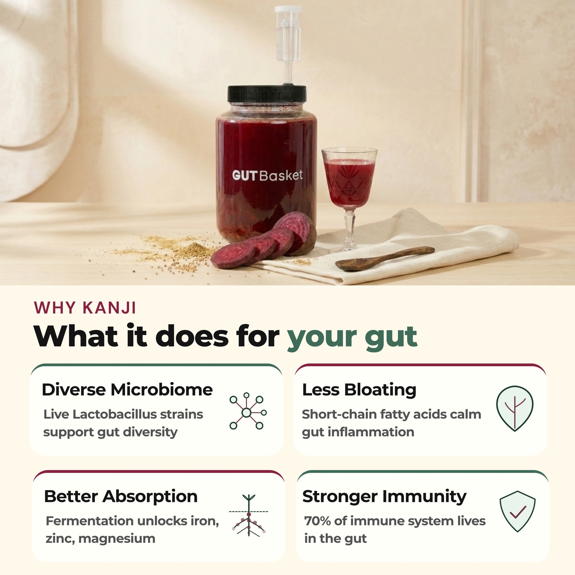 Gut health benefits of GutBasket kanji mega pack with 10 kanji spice and 10 ferment boost pouches