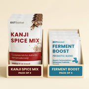 Pack shot of GutBasket kanji starter pack with 3 kanji spice and 3 ferment boost pouches