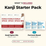 Contents included in GutBasket kanji starter pack with 3 kanji spice and 3 ferment boost pouches
