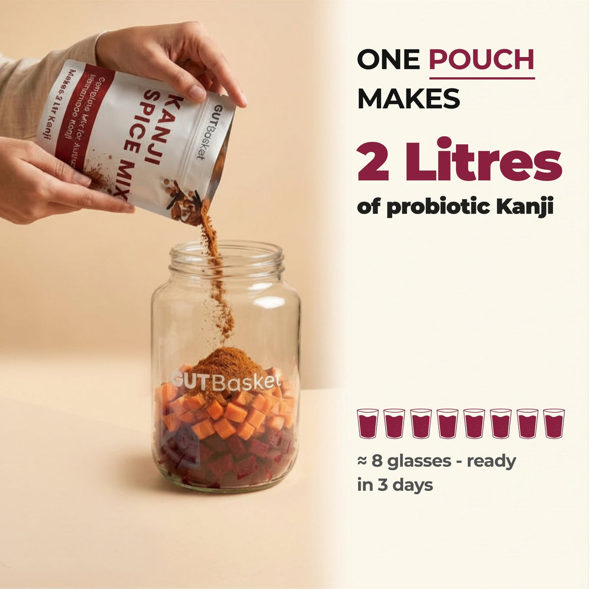 One pouch from GutBasket kanji starter pack with 3 kanji spice and 3 ferment boost pouches makes 2 litres of probiotic kanji