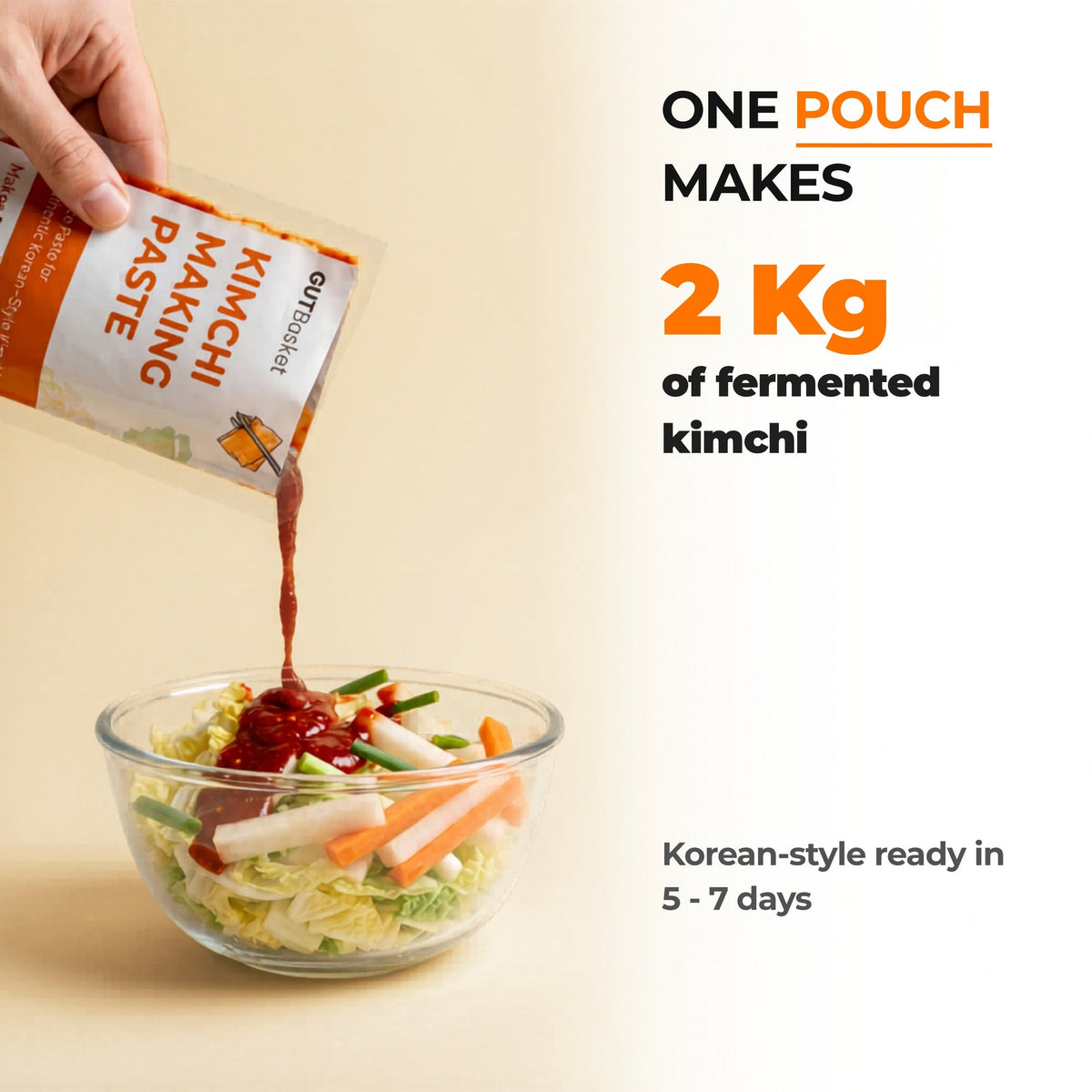 One pouch from GutBasket kimchi making paste pack of 3 makes 2 kg of fermented kimchi