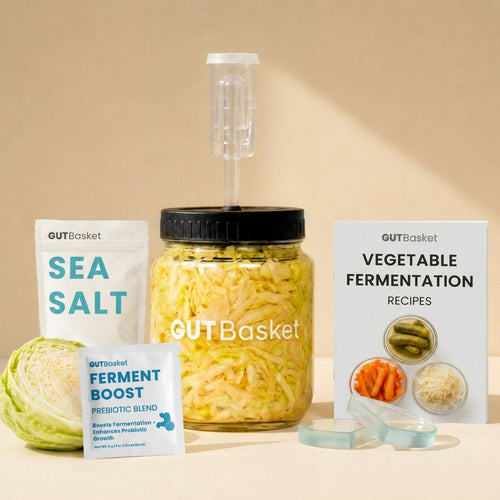 GutBasket vegetable fermentation kit with jar, ingredients, accessories, and recipe book