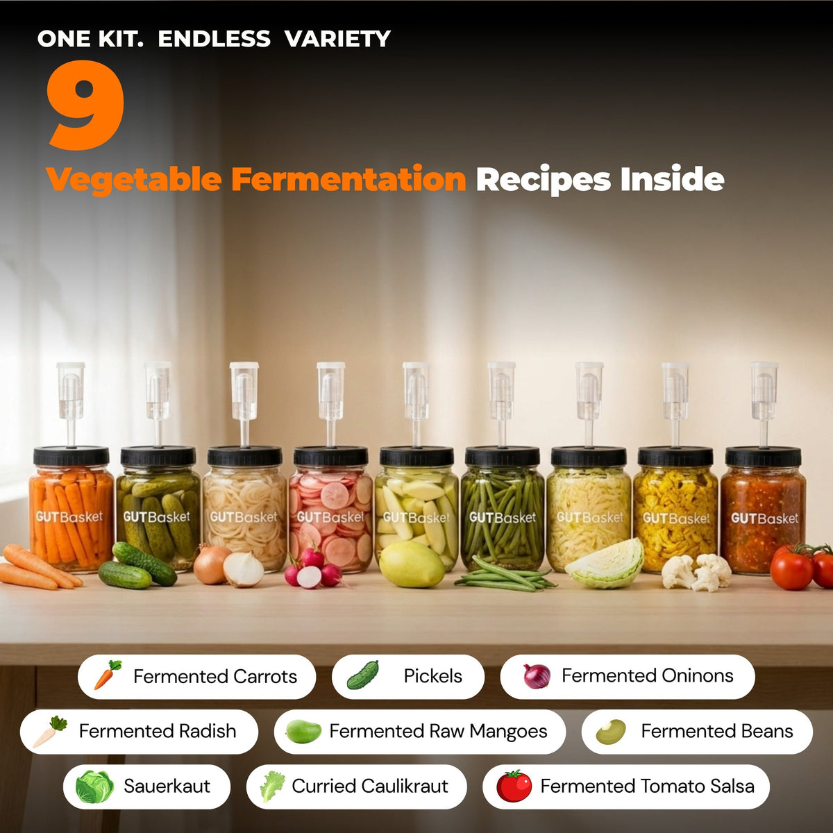 Recipe variety examples made with GutBasket vegetable fermentation kit