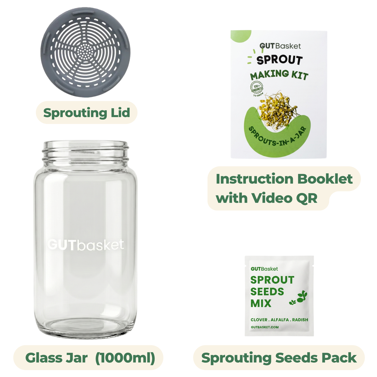 Gutbasket Sprout Maker 1 L — fresh sprouts growing in the glass jar