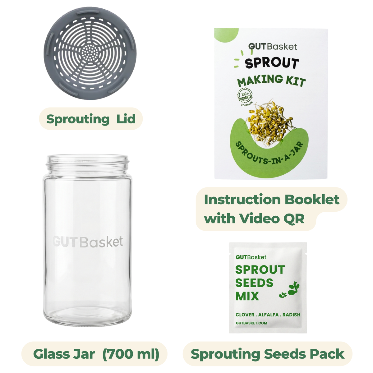 Gutbasket Sprout Maker 700 ml — fresh sprouts growing in the glass jar