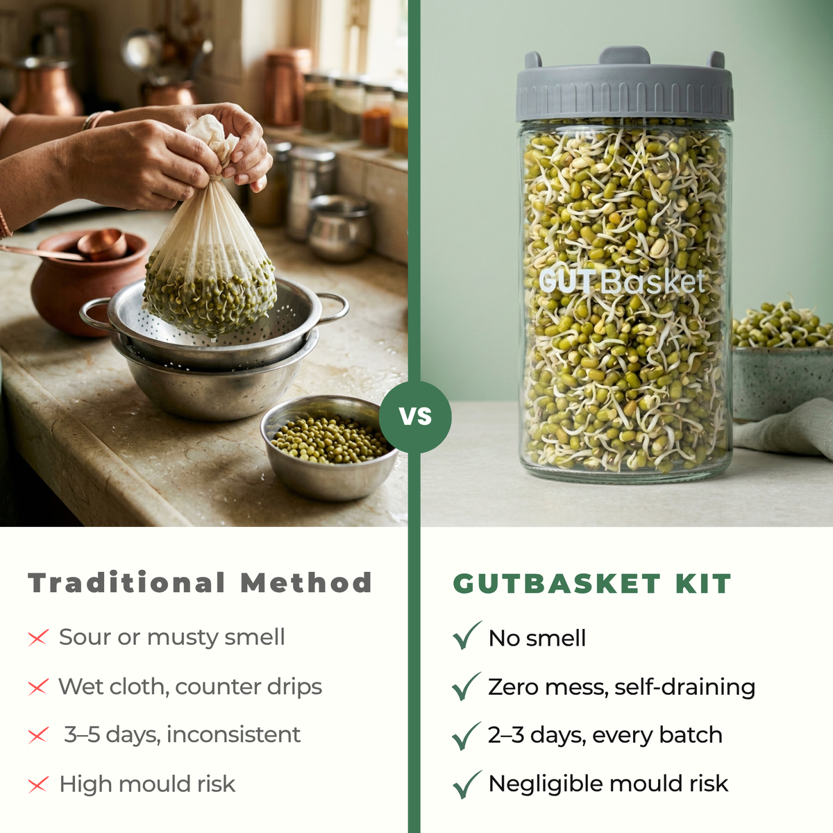 Gutbasket Sprout Maker 700 ml — jar, lid and stand components